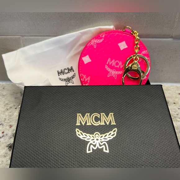 Coach Accessories - New MCM Neon Pink Visetos Canvas Round Coin Purse Wallet and Key Chain